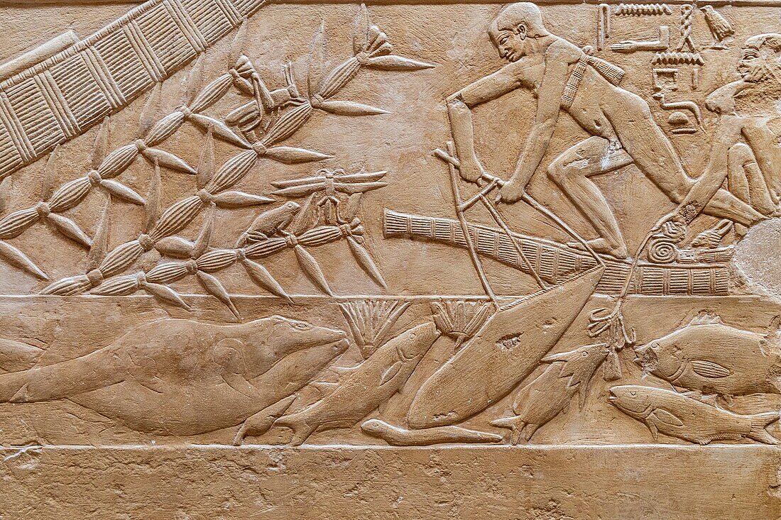 Fischereiszene, Flachrelief in der Mastaba von Kagemni, Wesir während der Herrschaft von König Teti, Nekropole von Sakkara, Region Memphis, ehemalige Hauptstadt des Alten Ägypten, Kairo, Ägypten, Afrika