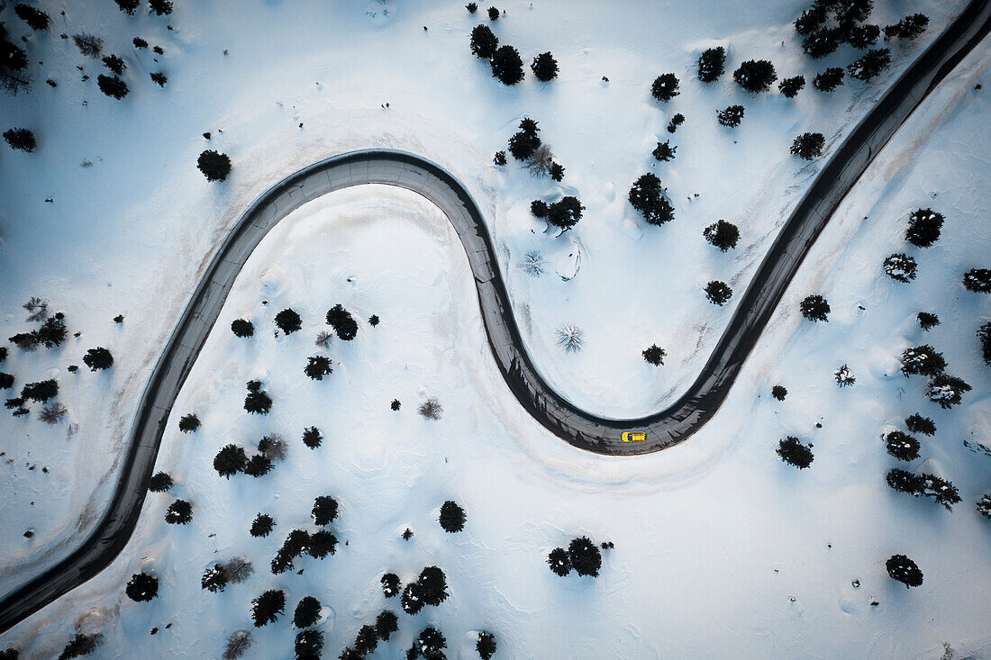 Mountain pass road crossing the winter forest covered with snow from above, aerial view, Dolomites, Italy
