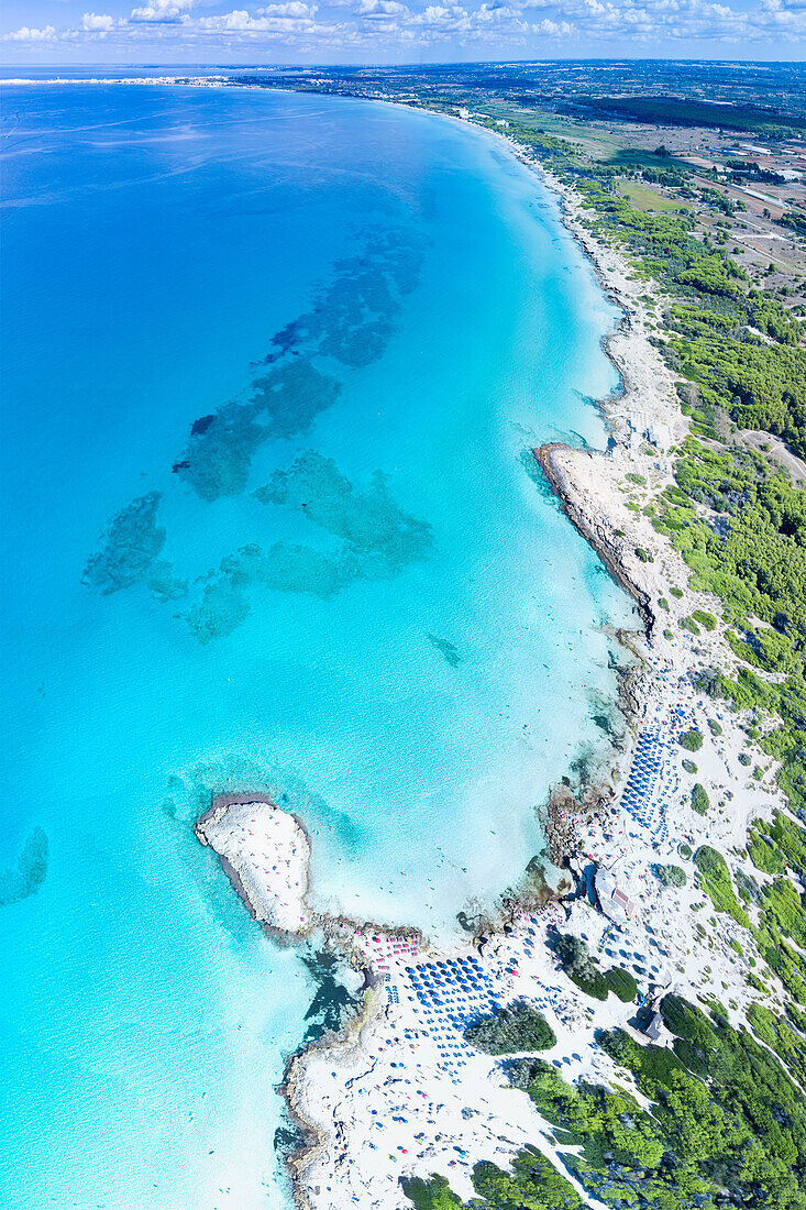 Aerial panoramic of Punta della Suina touristic beach by the crystal Mediterranean Sea, Gallipoli, Lecce, Salento, Apulia, Italy