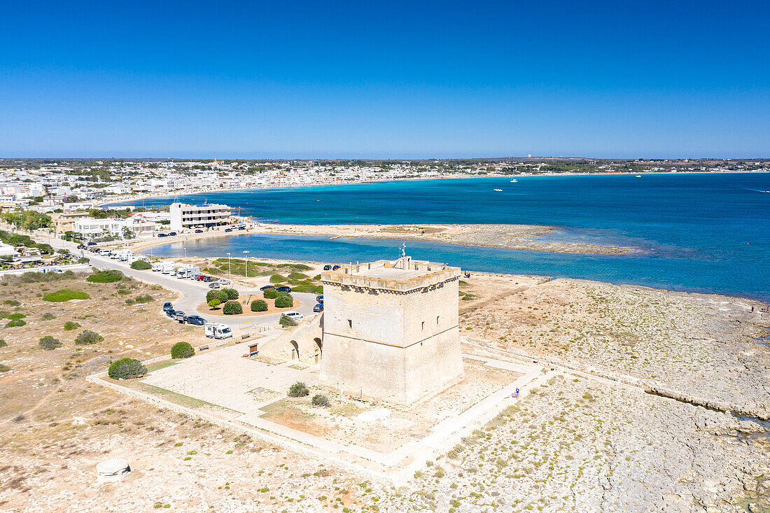 Lookout tower Torre Chianca facing the crystal sea, Torre Lapillo, Porto Cesareo, Lecce province, Salento, Apulia, Italy