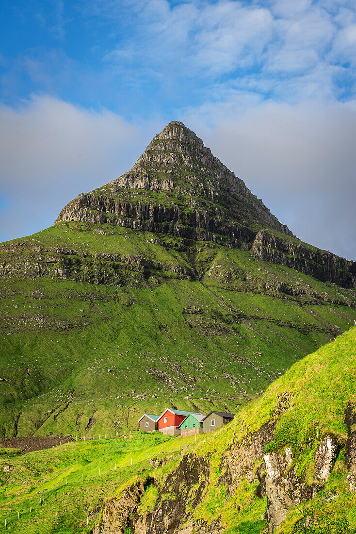 Bunte Häuschen in der grünen Landschaft, Fuglafjordur, Insel Eysturoy, Färöer Inseln, Dänemark, Europa