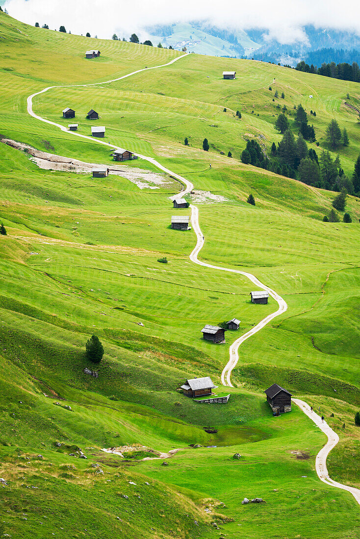 Weg zwischen Berghütten und Wiesen am Passo delle Erbe, Dolomiten, Puez Geisler, Bezirk Bozen, Südtirol, Italien, Europa.