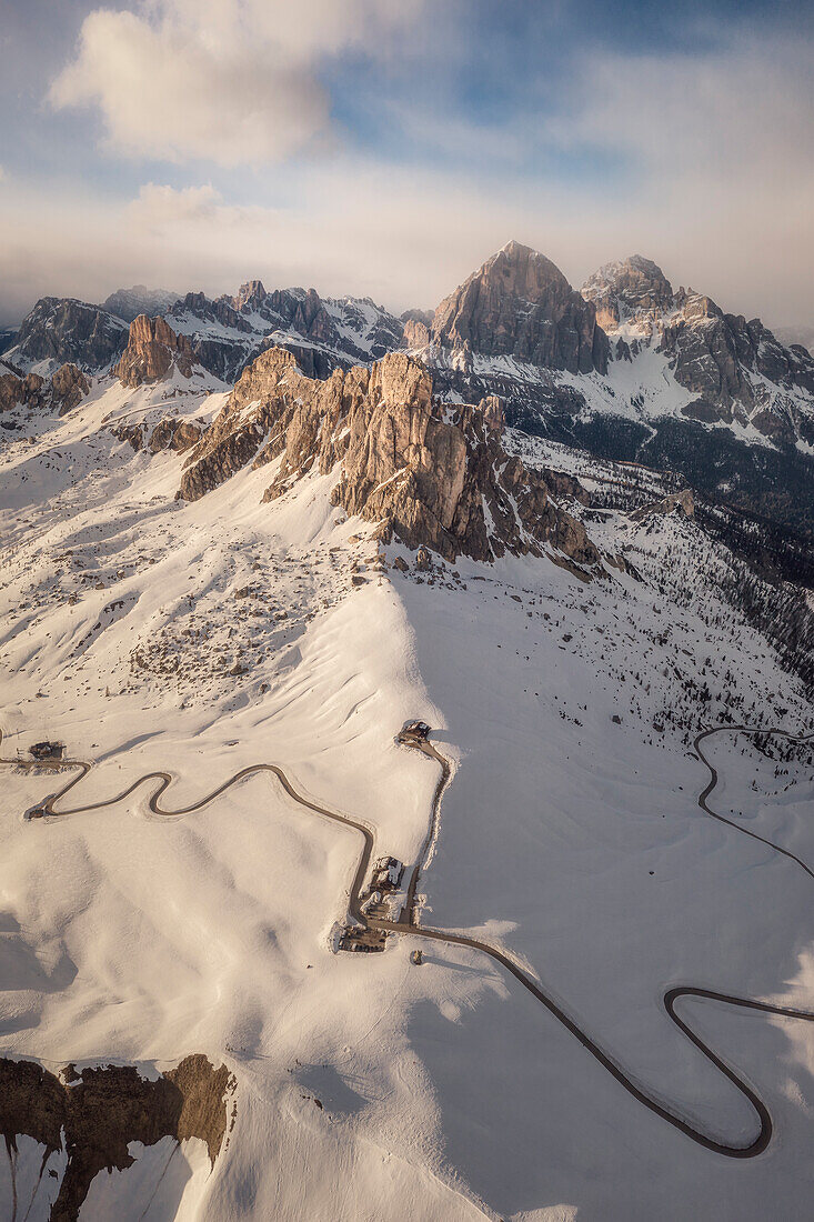 a Panorama with drone of Dolomiti di Zoldo in winter with Ra Gusela;Averau,Nuvolau,Passo Giau, Unesco Heritage, Belluno, Veneto, Italy