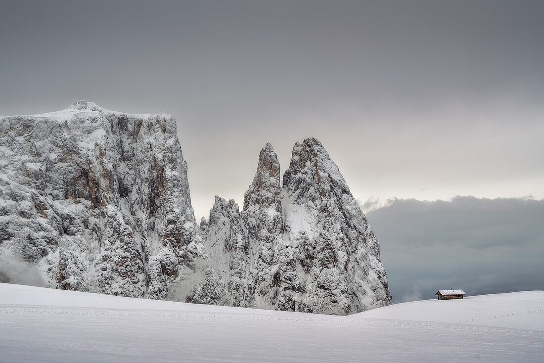 Sciliar mountain and Punta Santner in winter, Dolomiti Unesco Heritage, Bolzano Trentino Alto Adige, Italy