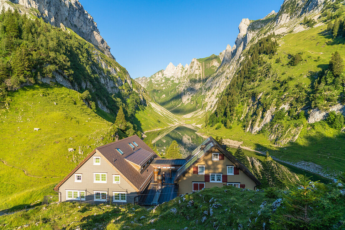 Berggasthaus Bollenwees hotel on shores of Falensee hike, Appenzell Canton, Alpstein Range, Switzerland