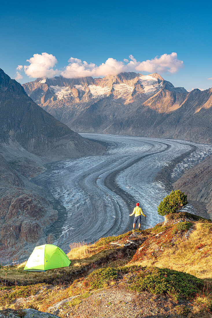 Man with hiking poles standing on rocks at Hohfluh viewpoint above Aletsch Glacier, Riederalp, Valais Canton, Switzerland