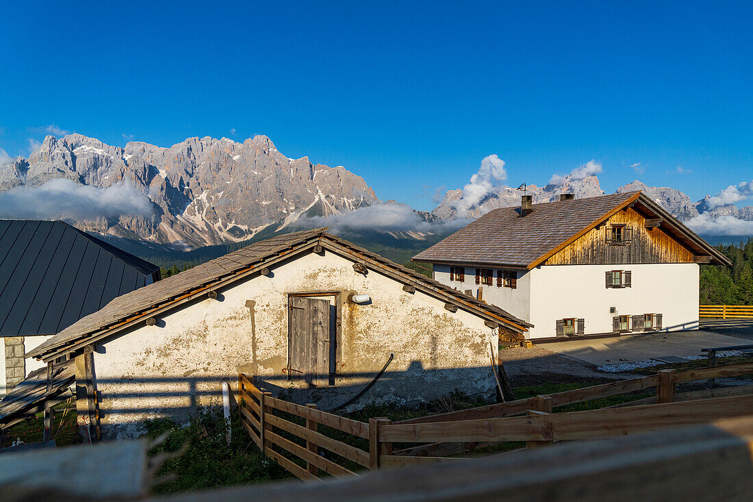 Mountain huts at sunrise, Malga Nemes, Sesto /Sexten, Val Pusteria, Sesto Dolomites, South Tyrol, Italy