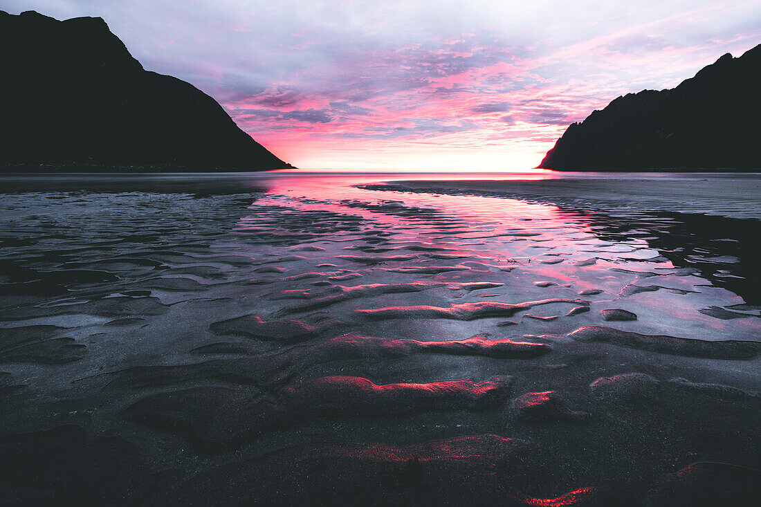 Ersfjord beach lit by midnight sun, Senja, Troms county, Norway