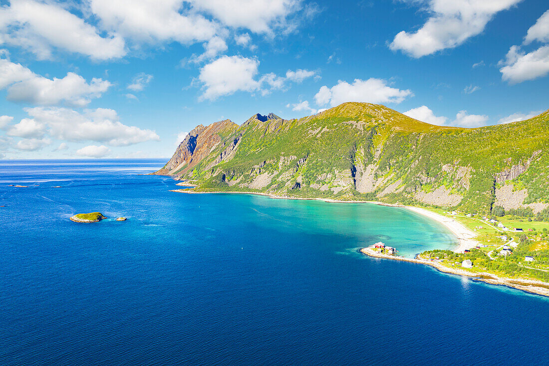 Aerial view of Bergsoyan Islands and white sand of Bostrand beach, Skaland, Senja, Troms county, Norway