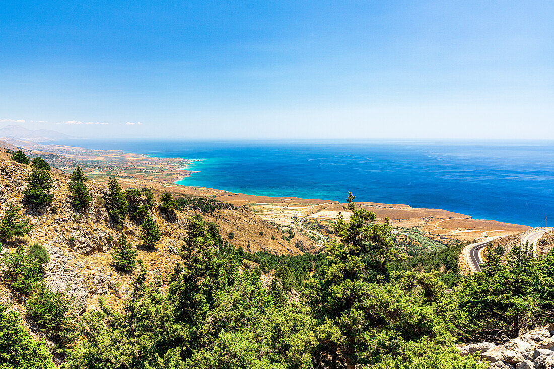 High angle view of road leading from sea to Imbros Gorge up in the mountains, Hora Sfakion, Crete, Greece