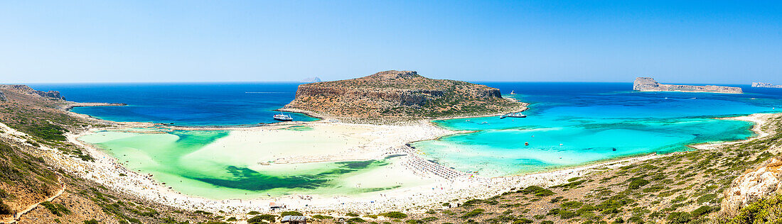 Aerial view of emerald green water of Balos lagoon and turquoise sea, Crete island, Greece