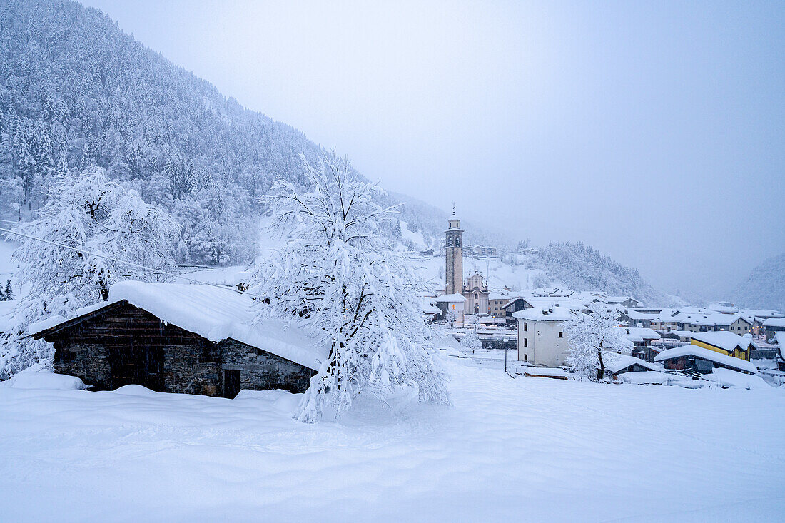 Alpine village in the white winter landscape after the snowfall, Gerola Alta, Valgerola, Valtellina, Lombardy, Italy