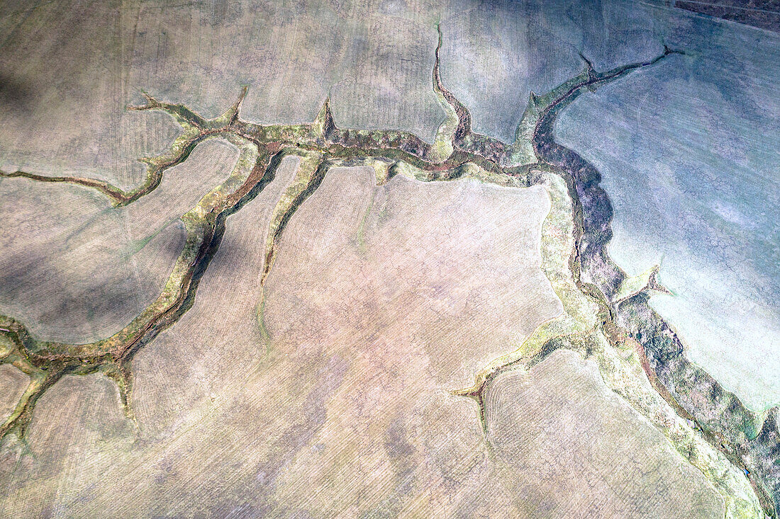 Risse im Boden im so genannten Fosso dei Mergani von oben, Pian Grande, Castelluccio di Norcia, Umbrien, Italien