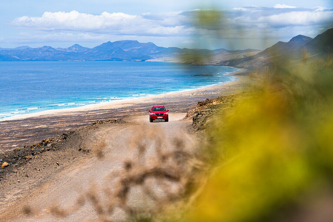 Auto auf der Wüstenstraße zum Strand von Cofete, Naturpark Jandia, Fuerteventura, Kanarische Inseln, Spanien