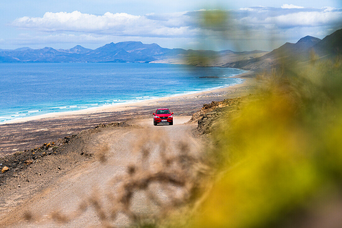 Car traveling on desert road to Cofete Beach, Jandia natural park, Fuerteventura, Canary Islands, Spain