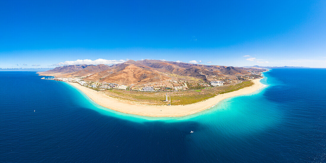 Sand beach of Morro Jable seaside town, Costa Calma and Jandia by the ocean, aerial view, Fuerteventura, Canary Islands, Spain