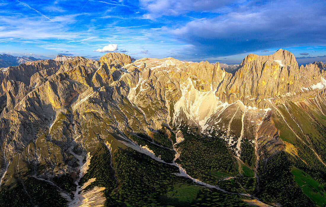 Aerial view of Cima Catinaccio Rosengarten, Torri Del Vajolet and Catinaccio d'Antermoia peaks, Dolomites, South Tyrol, Italy