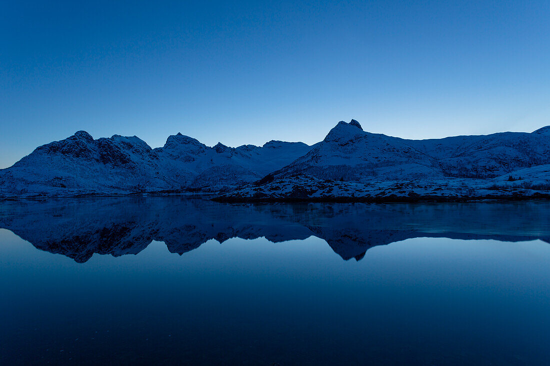 Spiegelung im Berg zur blauen Stunde, Moskenes, Nordland, Lofoten, Norwegen