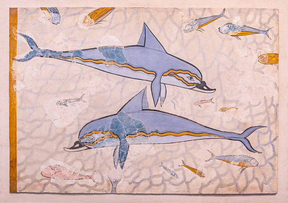 Fresco with painted dolphins, Heraklion Archaeological Museum, Crete island, Greece