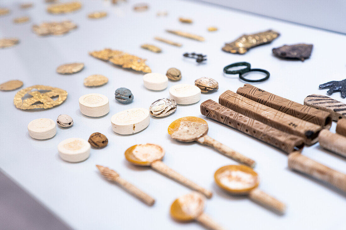 Tools and golden artefacts of the Minoan civilization, Heraklion Archaeological Museum, Crete island, Greece