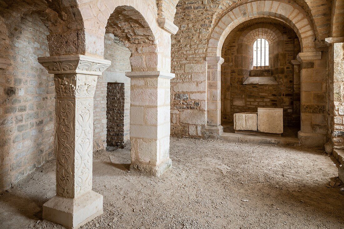 Entry to the crypt of the saint pierre de flavigny abbey, anis de flavigny factory (anise-flavored sweets), flavigny sur ozerain, (21) cote-d'or, burgundy, france