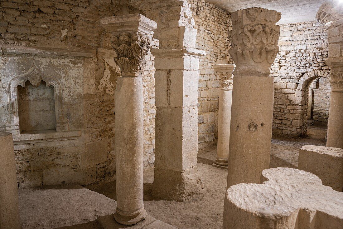 Entry to the crypt of the saint pierre de flavigny abbey, anis de flavigny factory (anise-flavored sweets), flavigny sur ozerain, (21) cote-d'or, burgundy, france