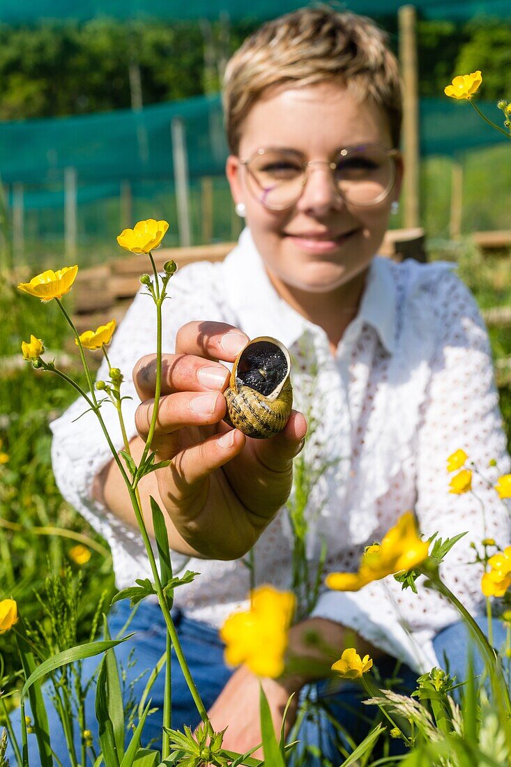 Perrine doudin, helixine, snail farmer, producer of organic snails, flavigny sur ozerain, (21) cote-d'or, burgundy, france