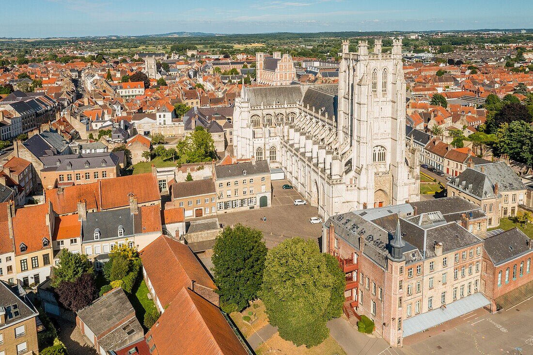 Drone view, notre dame de saint omer cathedral, saint omer, (62) pas-de-calais, france