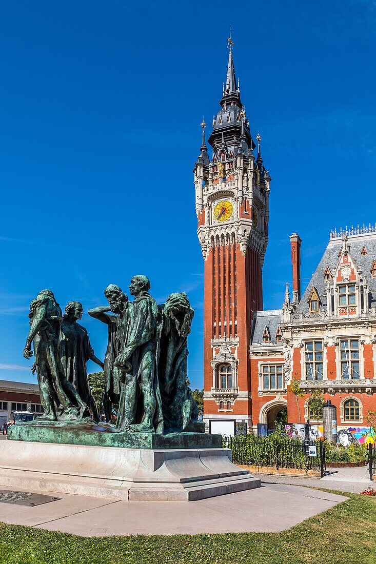 Belfry, city hall and the sculpture les bourgeois de calais by auguste rodin, calais, (62) pas-de-calais, france