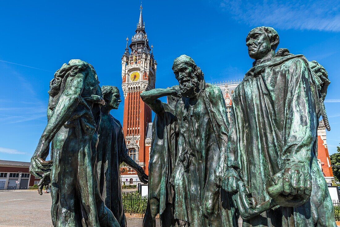 Belfry, city hall and the sculpture les bourgeois de calais by auguste rodin, calais, (62) pas-de-calais, france