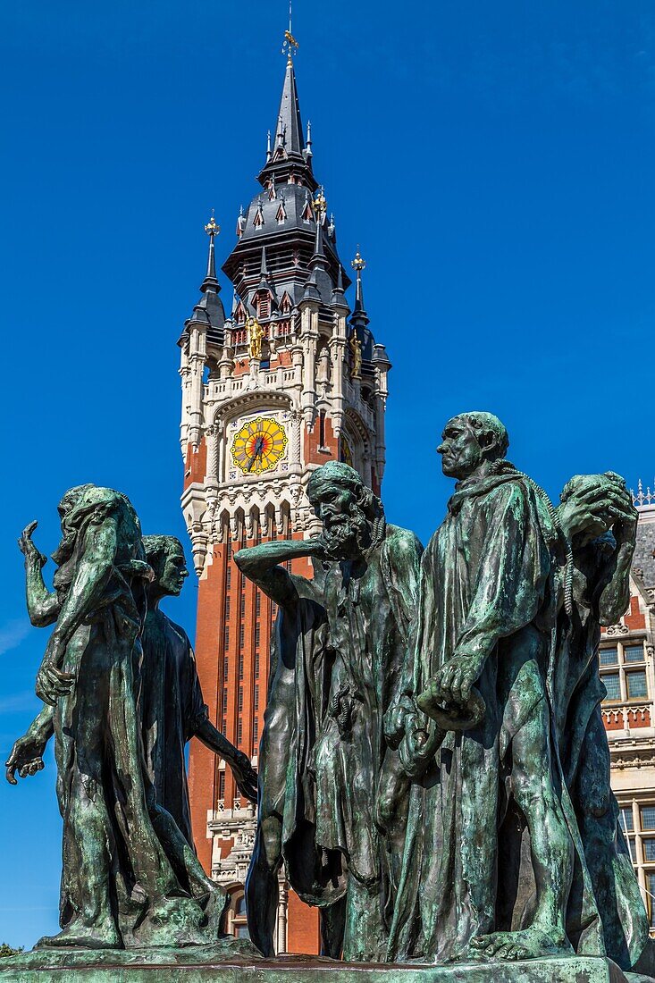 Belfry, city hall and the sculpture les bourgeois de calais by auguste rodin, calais, (62) pas-de-calais, france