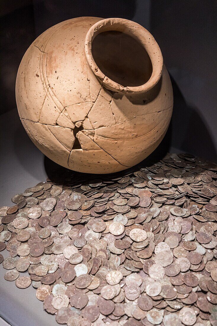 Amphora and coin, archaeology museum, jublains, (53) mayenne, pays de la loire