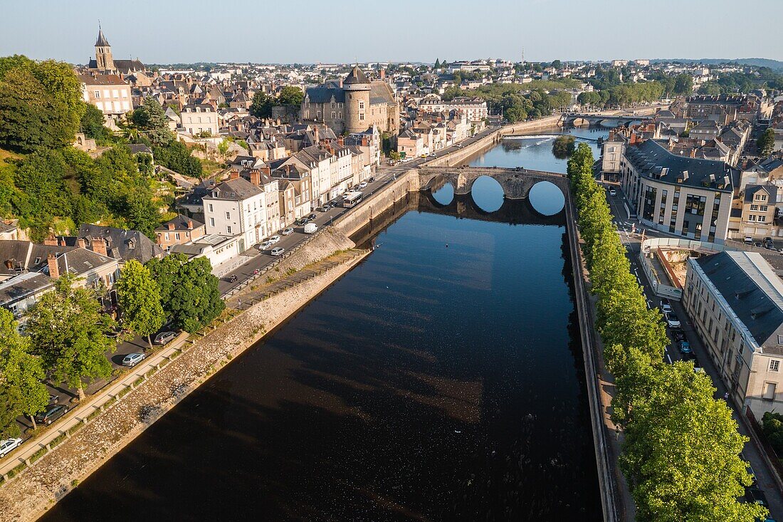 Drone view of the town, the chateau of laval and the river, (53) mayenne, pays de la loire
