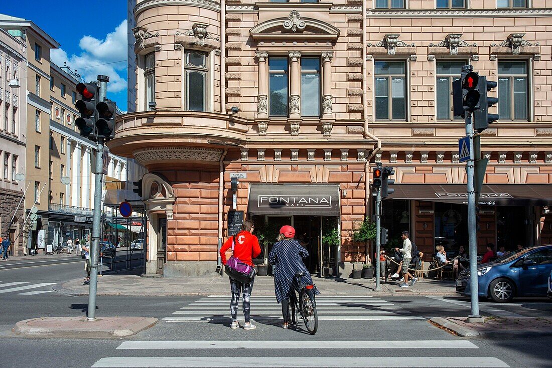 Crosswalk and Cafe Fontana in city center of Turku, Finland