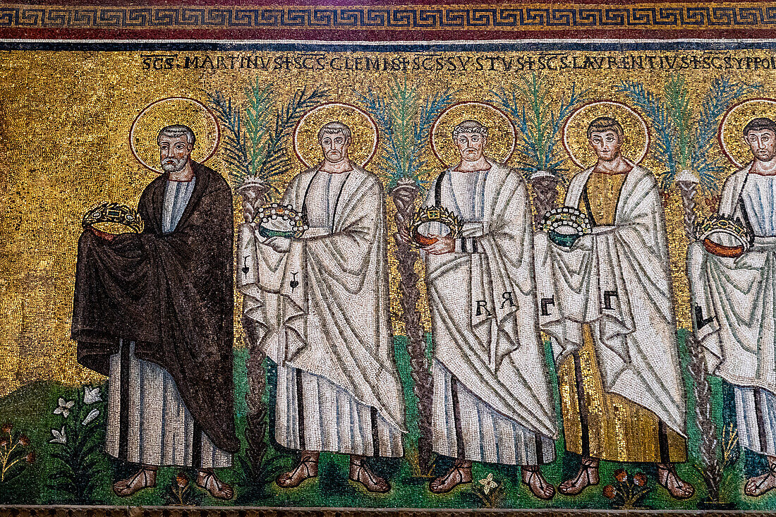 Mosaic of several saints, Basilica of Sant'Apollinare Nuovo. Ravenna, Emilia romagna, Italy, Europe.