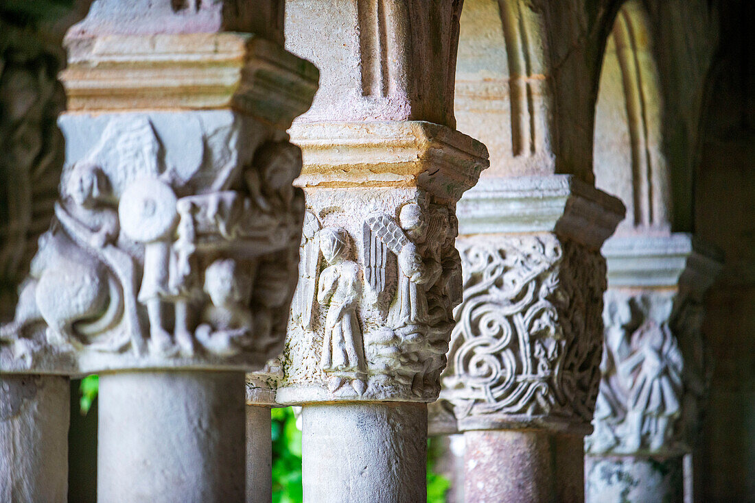 Close view of Romanesque capital. Cloister of the La Colegiata de Santa Juliana church, Santillana del Mar, Cantabria, Spain