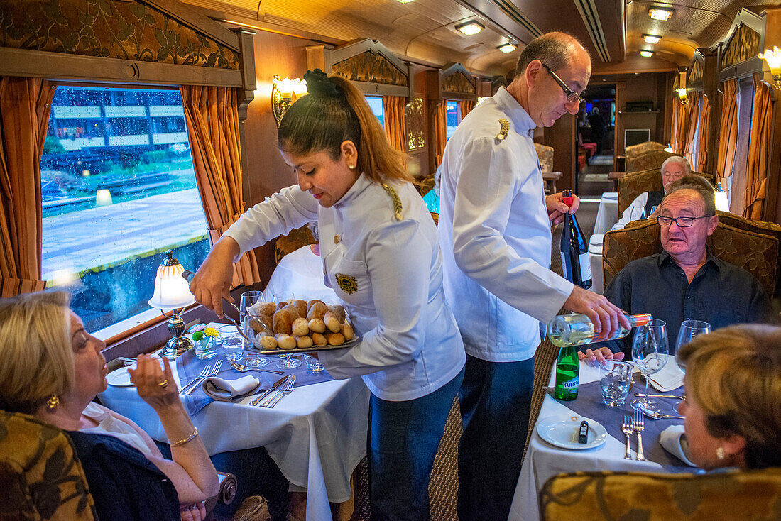 Interior of restaurant car railway carriage of Transcantabrico Gran Lujo luxury train travellong across northern Spain, Europe. First Class dining area railway coach.