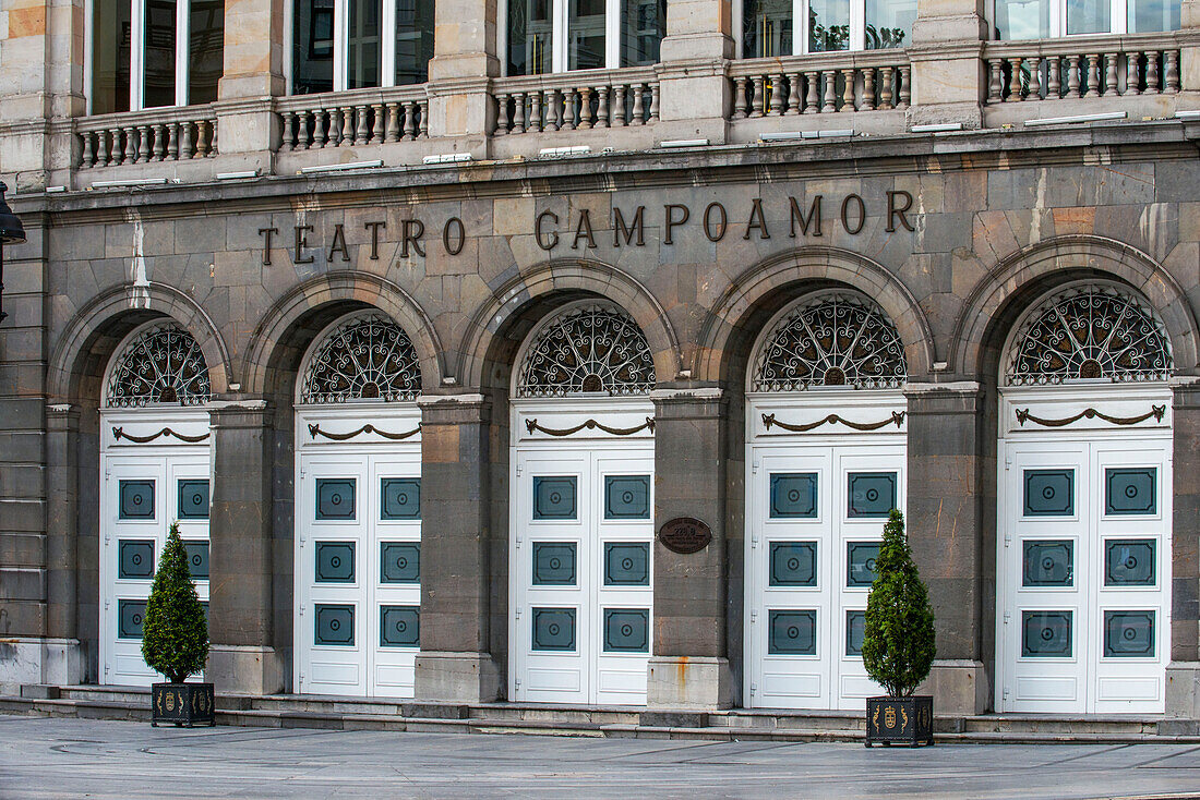Facade of the Campoamor Theater in the city of Oviedo, Uvieu, in Asturias
