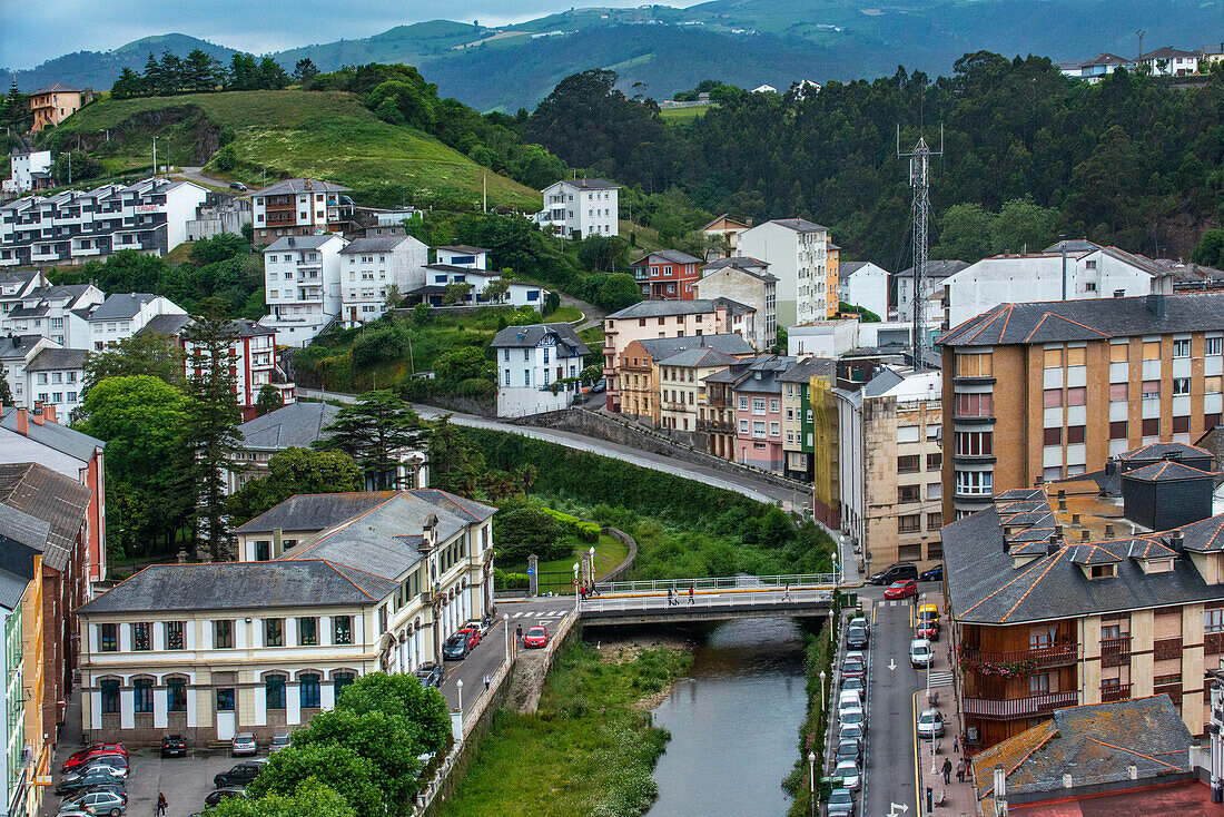 Navia village. Outside of Transcantabrico Gran Lujo luxury train travellong across northern Spain, Europe. Journey between Candás and Luarca, Asturias, Spain.