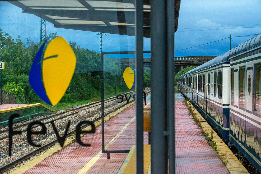 Outside of Transcantabrico Gran Lujo luxury train travellong across northern Spain, Europe. Stoped at Ribadeo station, Galicia, Spain.