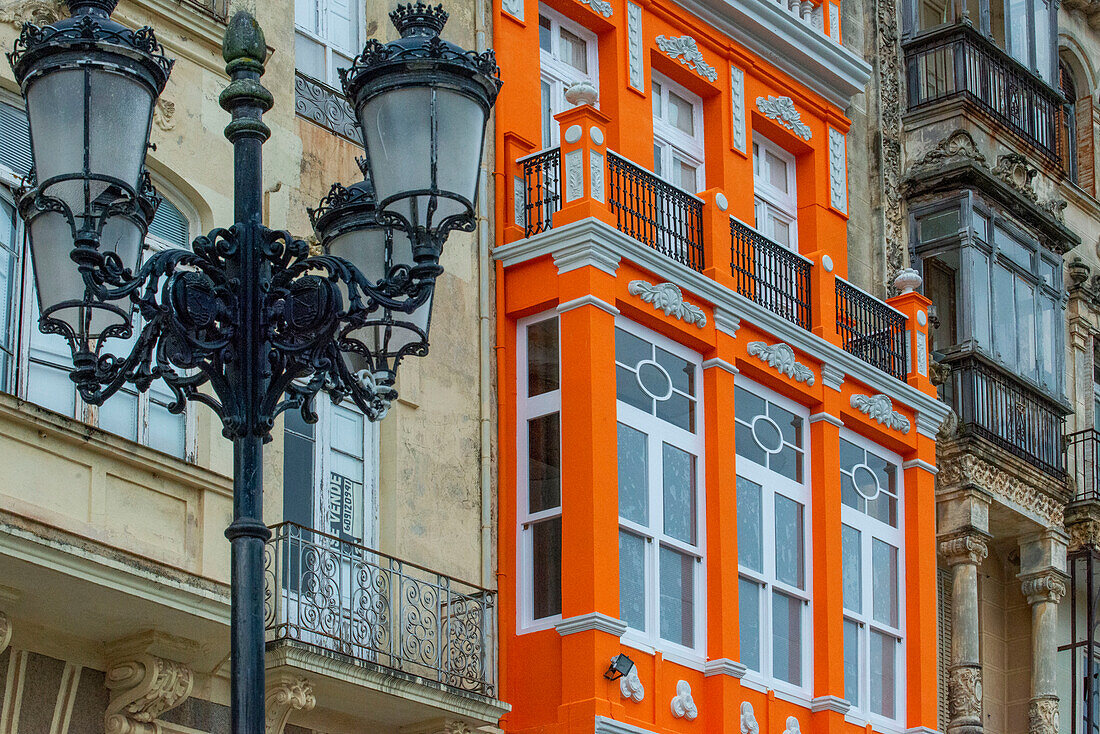 Modernist colorful house, Indiano galician style. Ribadeo. Colourful buidings at Plaza de España square, Ribadeo, Lugo province, Galicia, Spain, Europe.