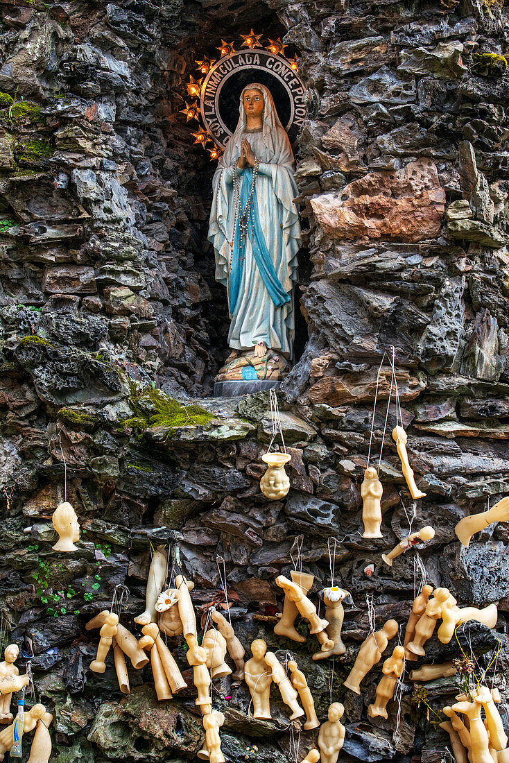 Wax body parts votive offerings at the Lourdes Grotto in the Convent of the Concepcionistas, a 1925 scale reproduction of the French grotto. Viveiro, Lugo Province, Galicia, Spain, Europe Galicia, Spain, Europe