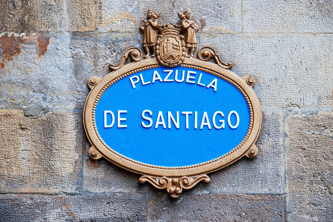 Sign of Plazuela de santiago or Plaza del Reverendo Santiago Lasalle square at the old town, Bilbao, Province of Biskaia, Basque Country, Euskadi, North of Spain