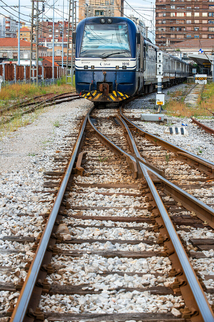 Renfe Feve Engine locomotive of Transcantabrico Gran Lujo luxury train travellong across northern Spain, Europe.