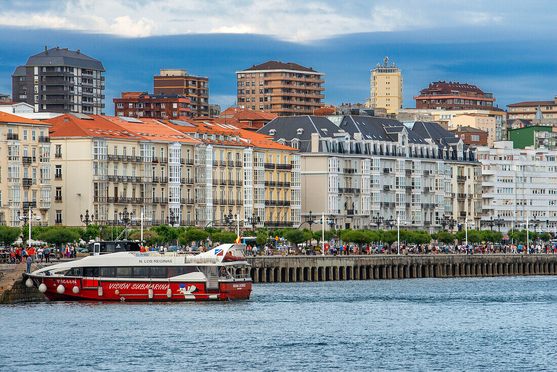 Panoramic seafront view of promenade on the sea front, Santander, Cantabria, Northern Spain.