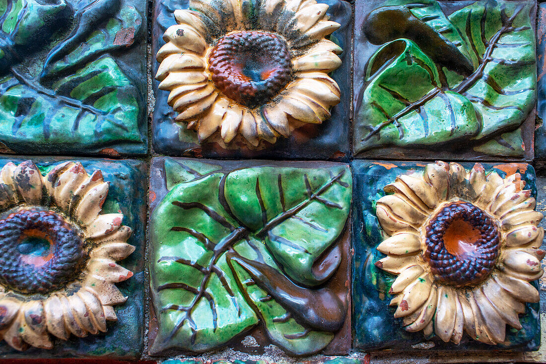 Sunflowers, ornaments in El Capricho de Gaudi The Caprice Villa Quijano 1885, by architect Antonio Gaudi at Comillas in Cantabria, Northern Spain