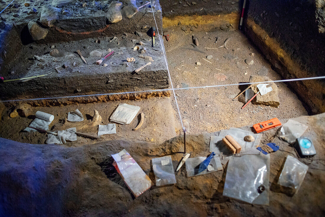 Paleolithic tools and replica of cave painting showing bison, National Museum and Research Center of Altamira, Santillana del Mar, Cantabria, Spain