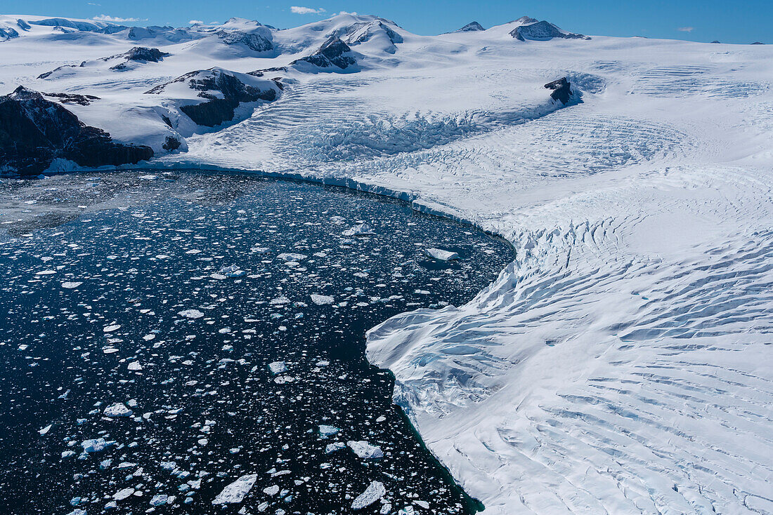 Aerial view of Larsen Inlet glacier, Weddell Sea, Antarctica.