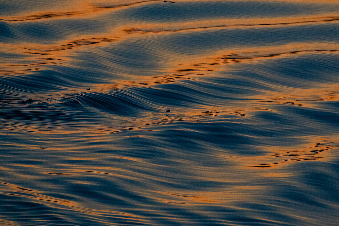 Reflektionen auf den Wellen in der Abenddämmerung, Weddellmeer, Antarktis.