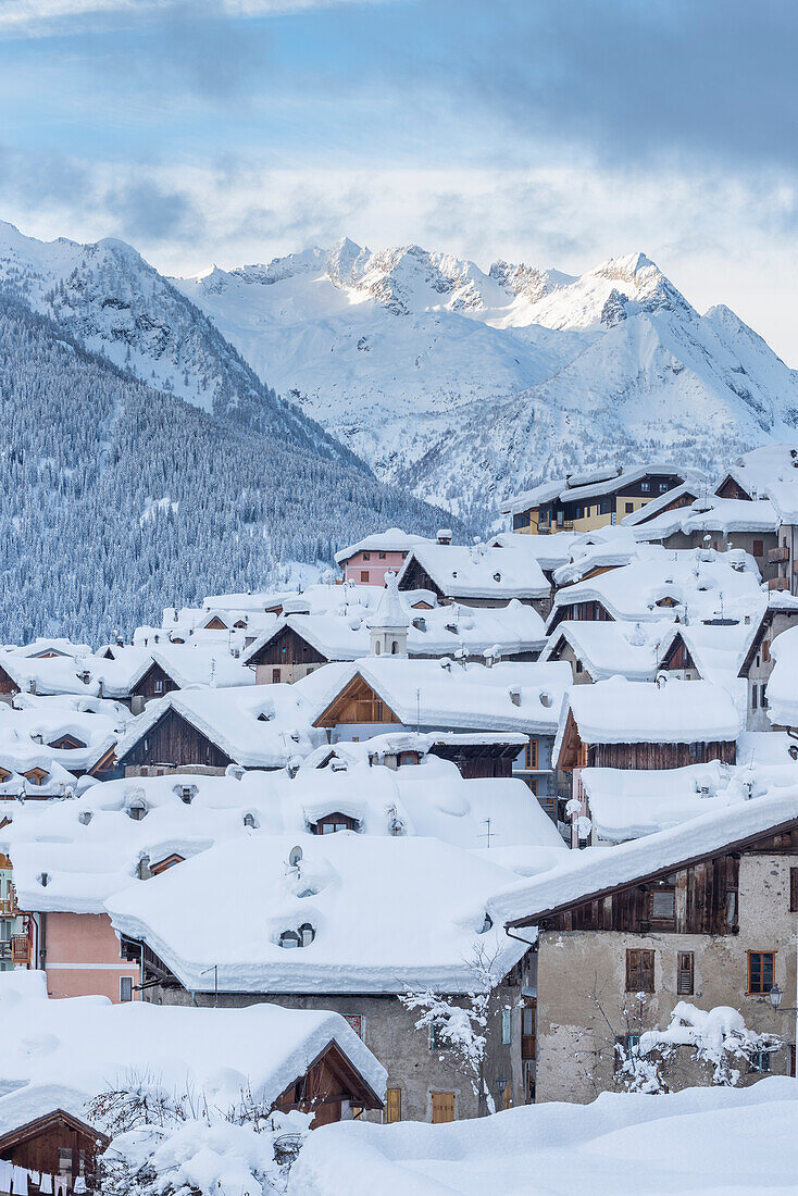 Vermiglio at winter season. Europe, Italy, Trentino Alto Adige, Sun valley, Trento province, Vermiglio
